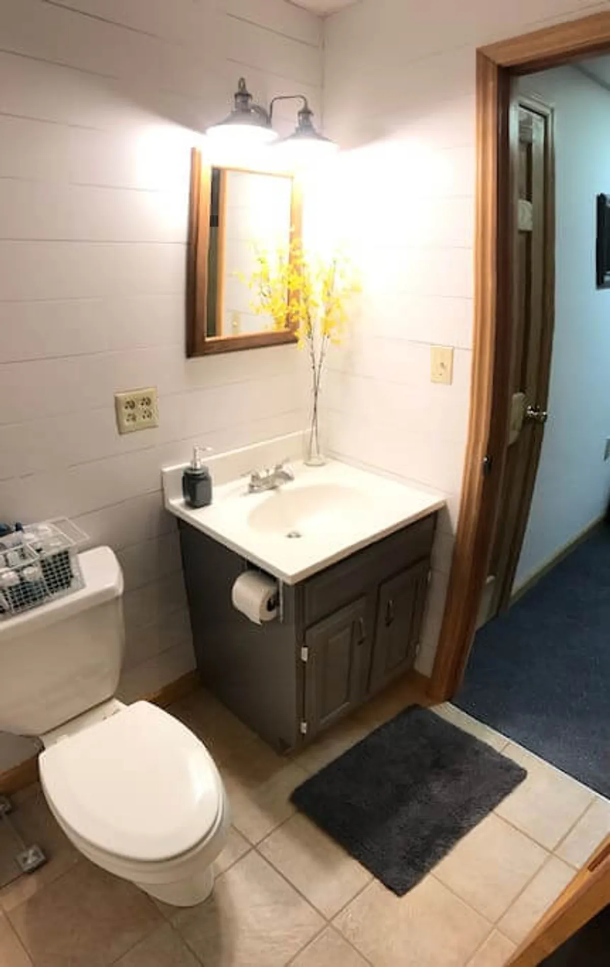 A bright modern bathroom with a vanity and sink, a large mirror, a decorative plant, and sleek lighting fixtures. The atmosphere is fresh and inviting, promising a rejuvenating start or end to the day.