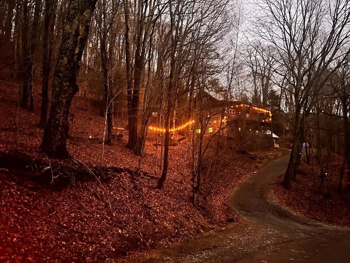 The image shows a warmly lit cabin adorned with string lights nestled among towering trees. A winding dirt road leads up to the home, inviting guests to approach. The expansive decks are subtly visible, perfect for gatherings, while the tranquil setting hints at stargazing and enjoying nature all around.