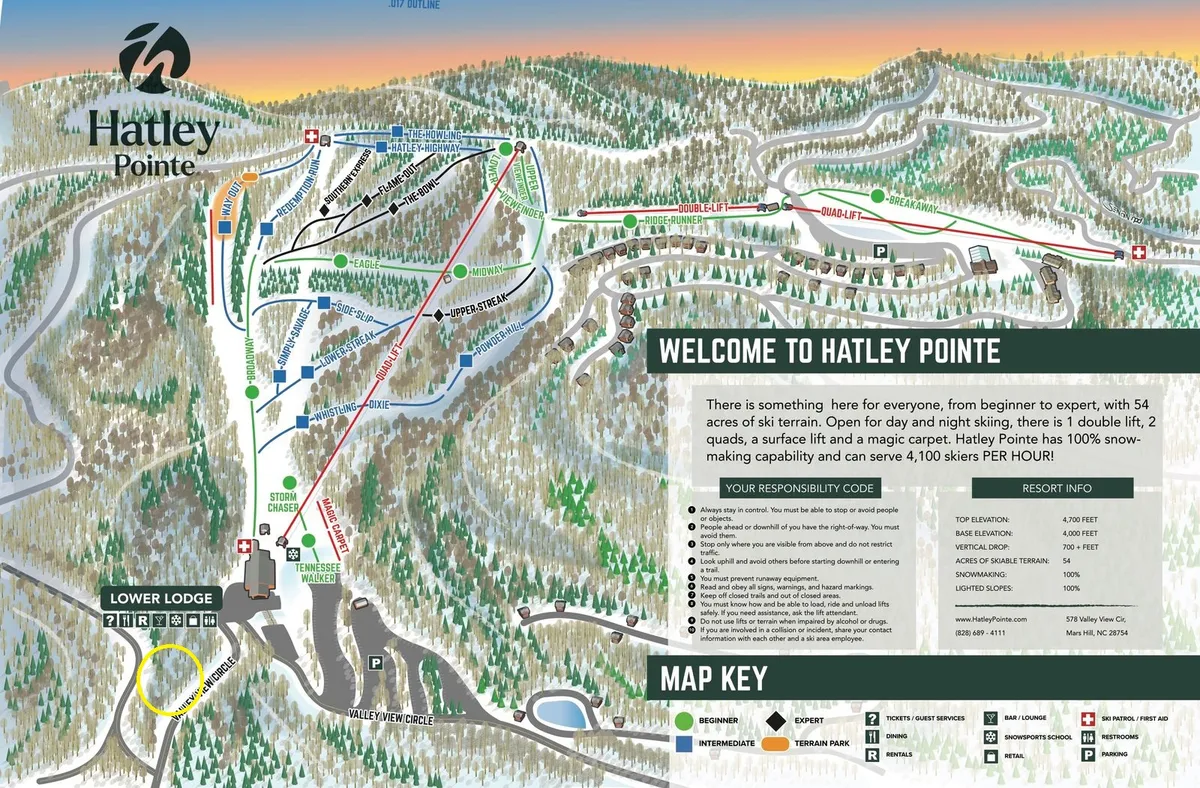 A panoramic view of the ski trails and the lodge at Hatley Pointe Ski Resort. A map key and welcome message are visible, highlighting the accessibility of the resort and the proximity to the lodge, which is just 100 feet from the featured property.